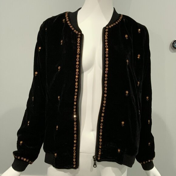 Black Velvet Bomber Jacket Beaded Trim Zip Front - Picture 4 of 5